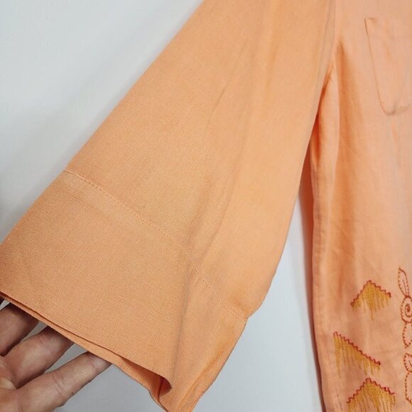 J Jill Womens Orange 100% Linen Long Sleeve Tunic Top Button Down Embroidered M - Picture 8 of 14